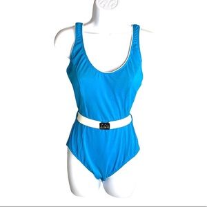 Athena One Piece Belted Swimsuit Blue White Size 12